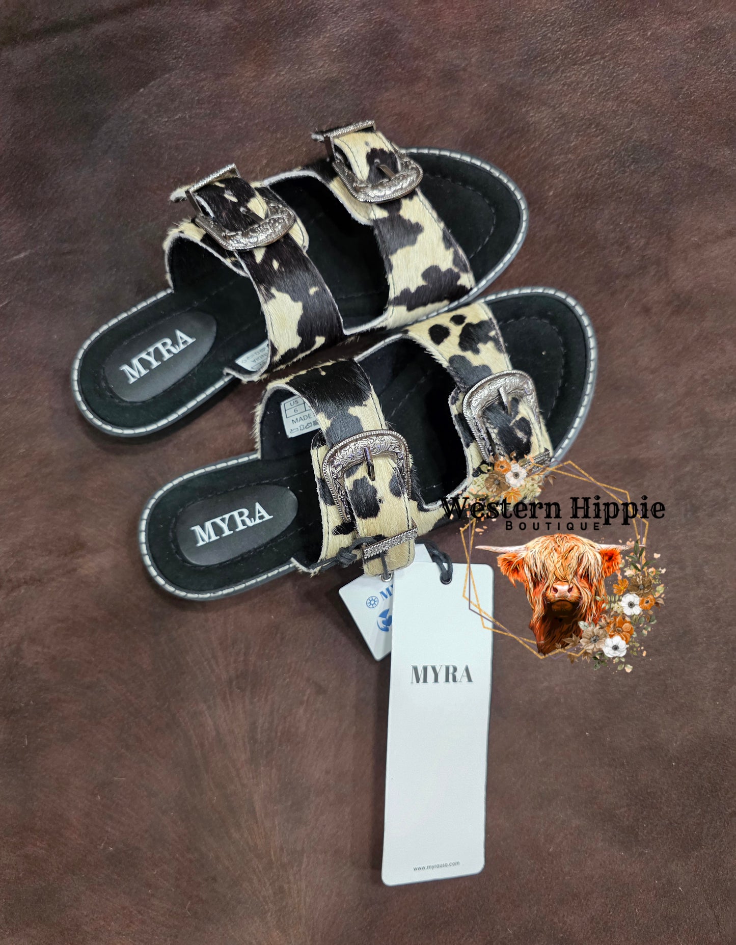 Myra Midnight Grove Hairon Leather Sandals