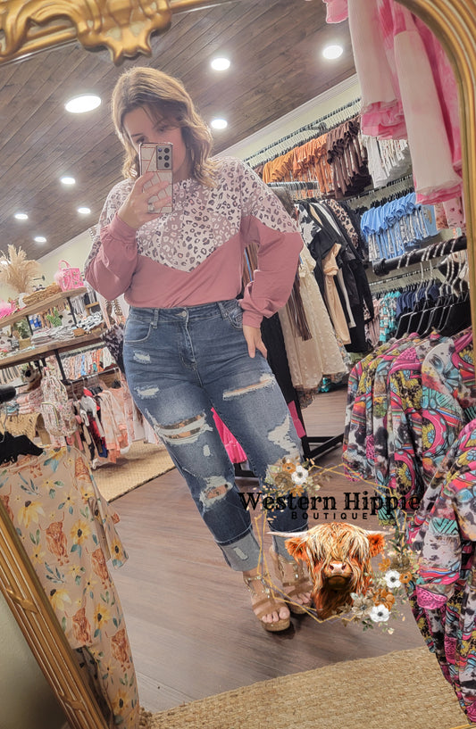 Mauve leopard color block long sleeve top