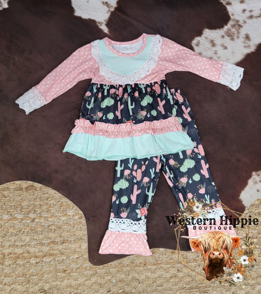 Mint and pink cactus ruffle pants set