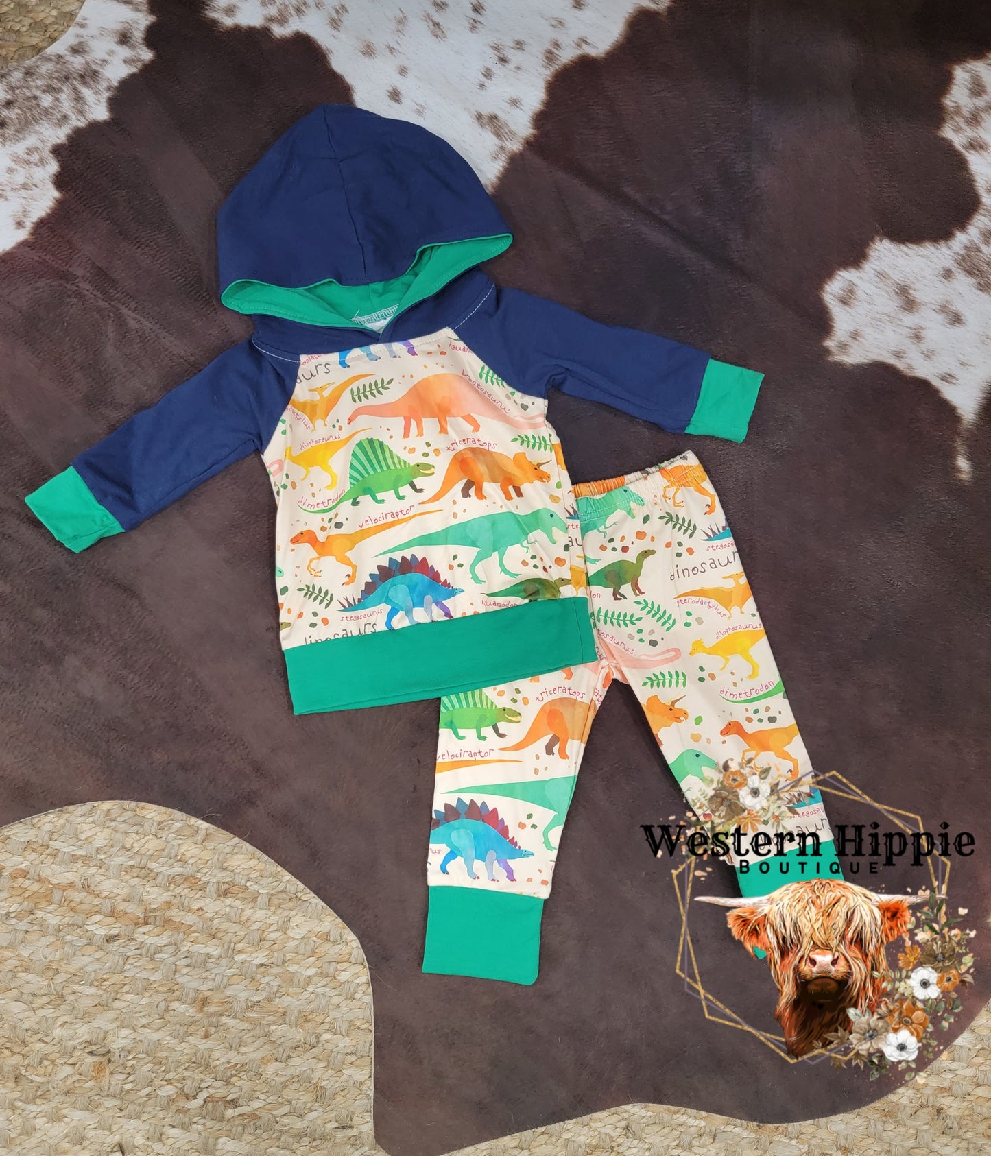 Colorful dino hoodie pants set