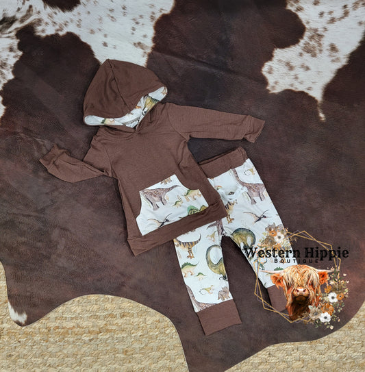 Brown dino hoodie pants set