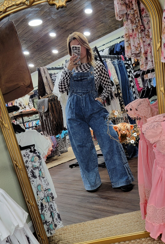 Mineral washed wide leg overalls