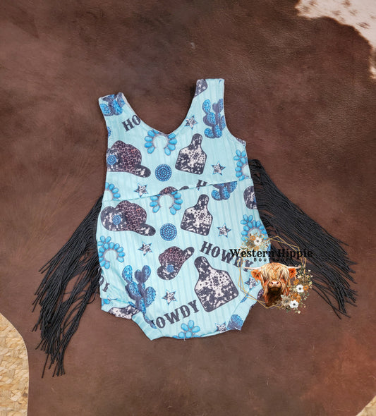 Turquoise fringe howdy romper