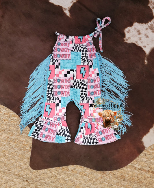 Pink and turquoise howdy fringe bell bottom jumpsuit