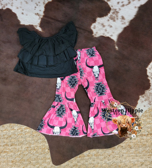 Pink checkered skull bell bottom set