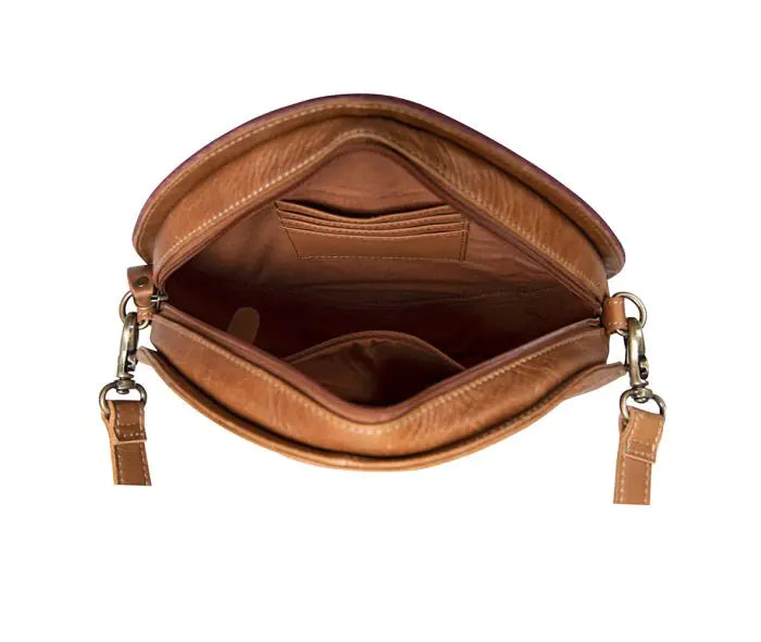 Longhorn ridge hand tooled round bag