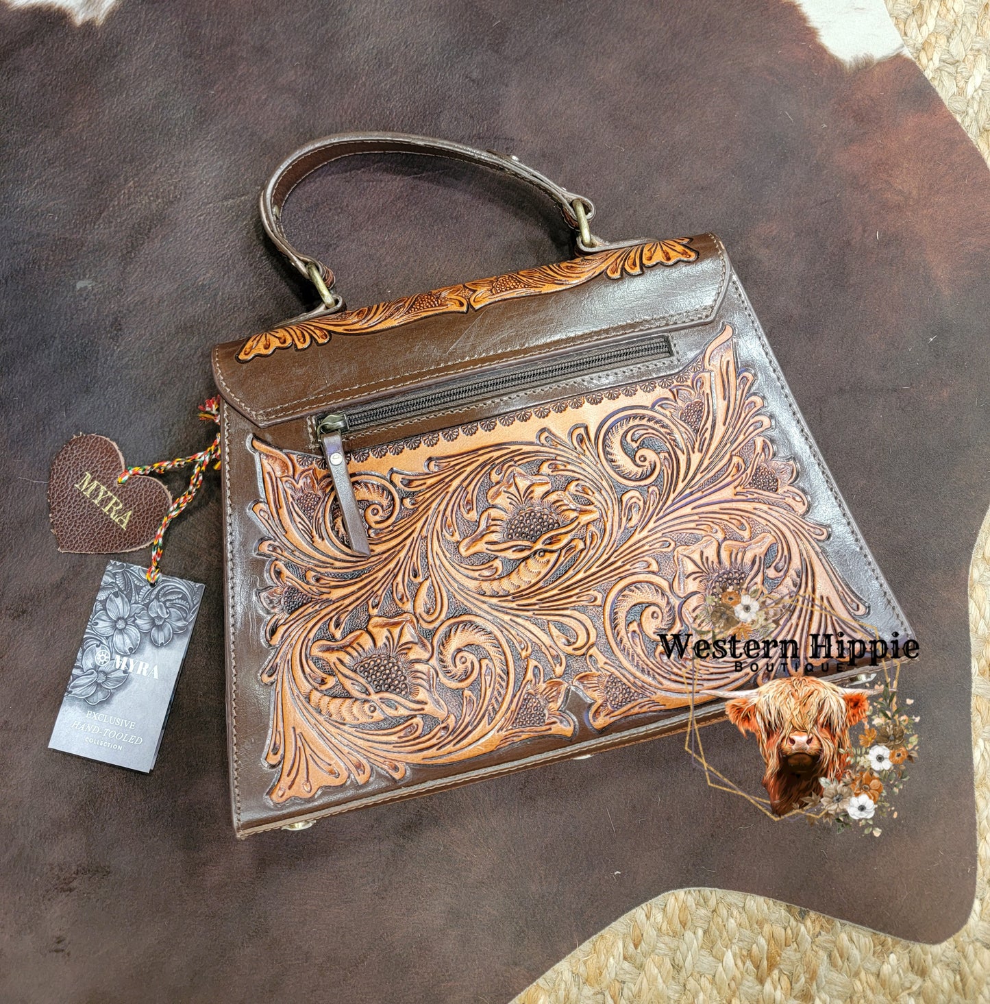 Savannah Scroll Handtooled Leather Bag in Dark Brown
