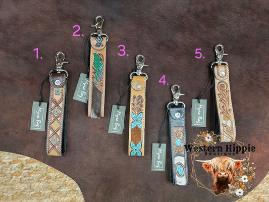 Moonflower Handtooled Leather Keyfob