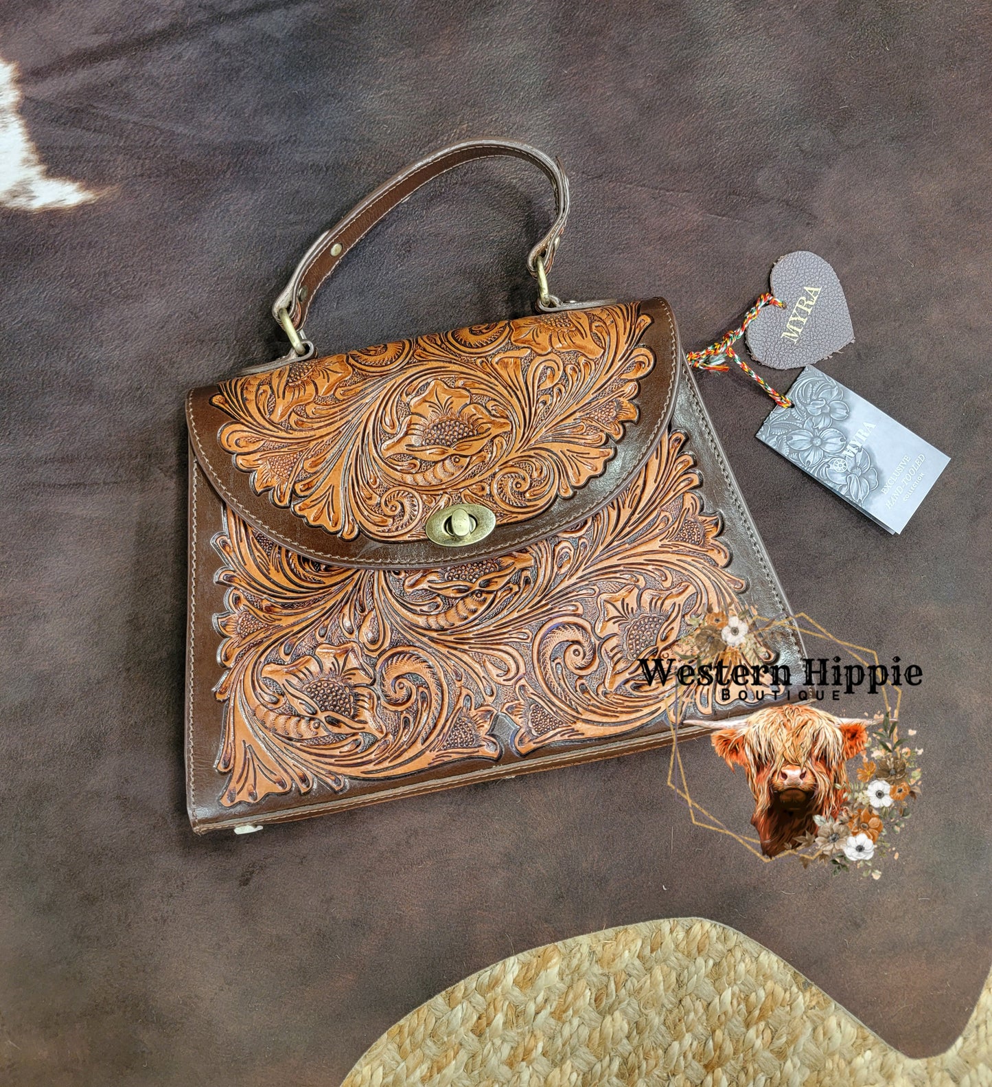 Savannah Scroll Handtooled Leather Bag in Dark Brown