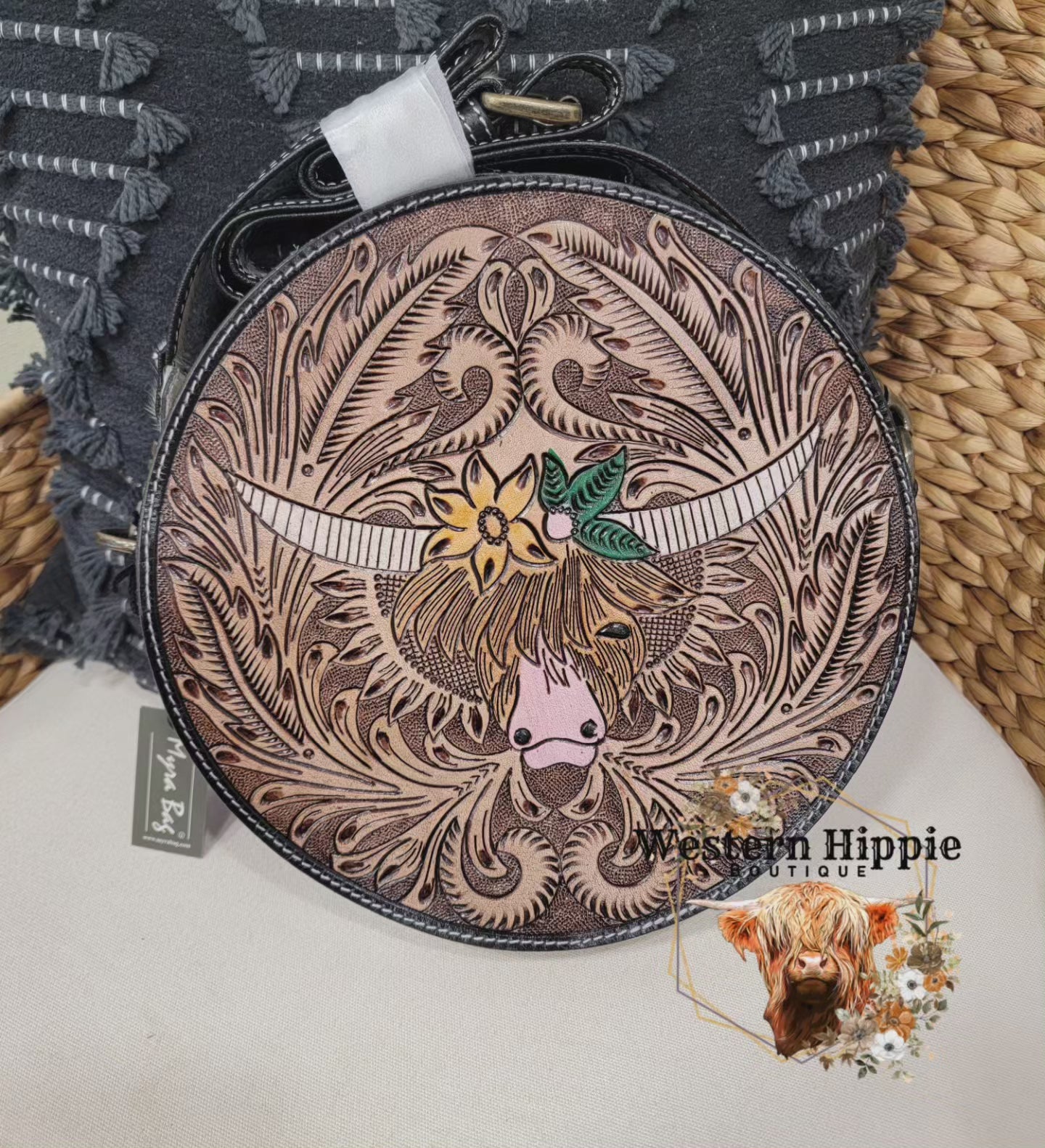 Bloomin' steer hand tooled round bag