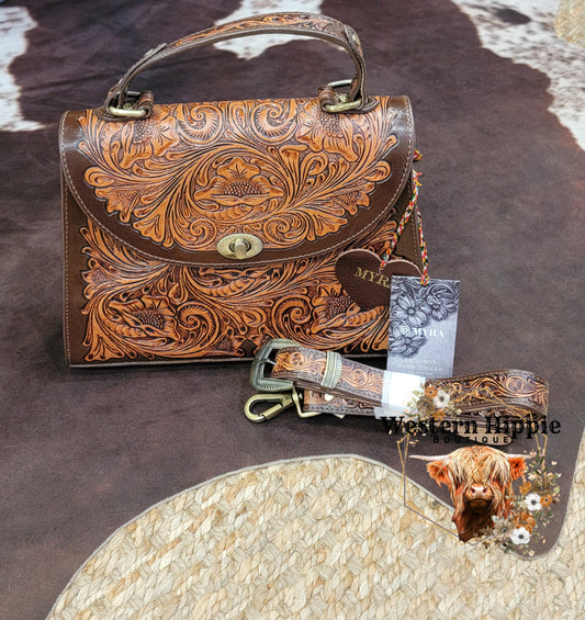 Savannah Scroll Handtooled Leather Bag in Dark Brown