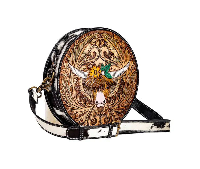 Bloomin' steer hand tooled round bag