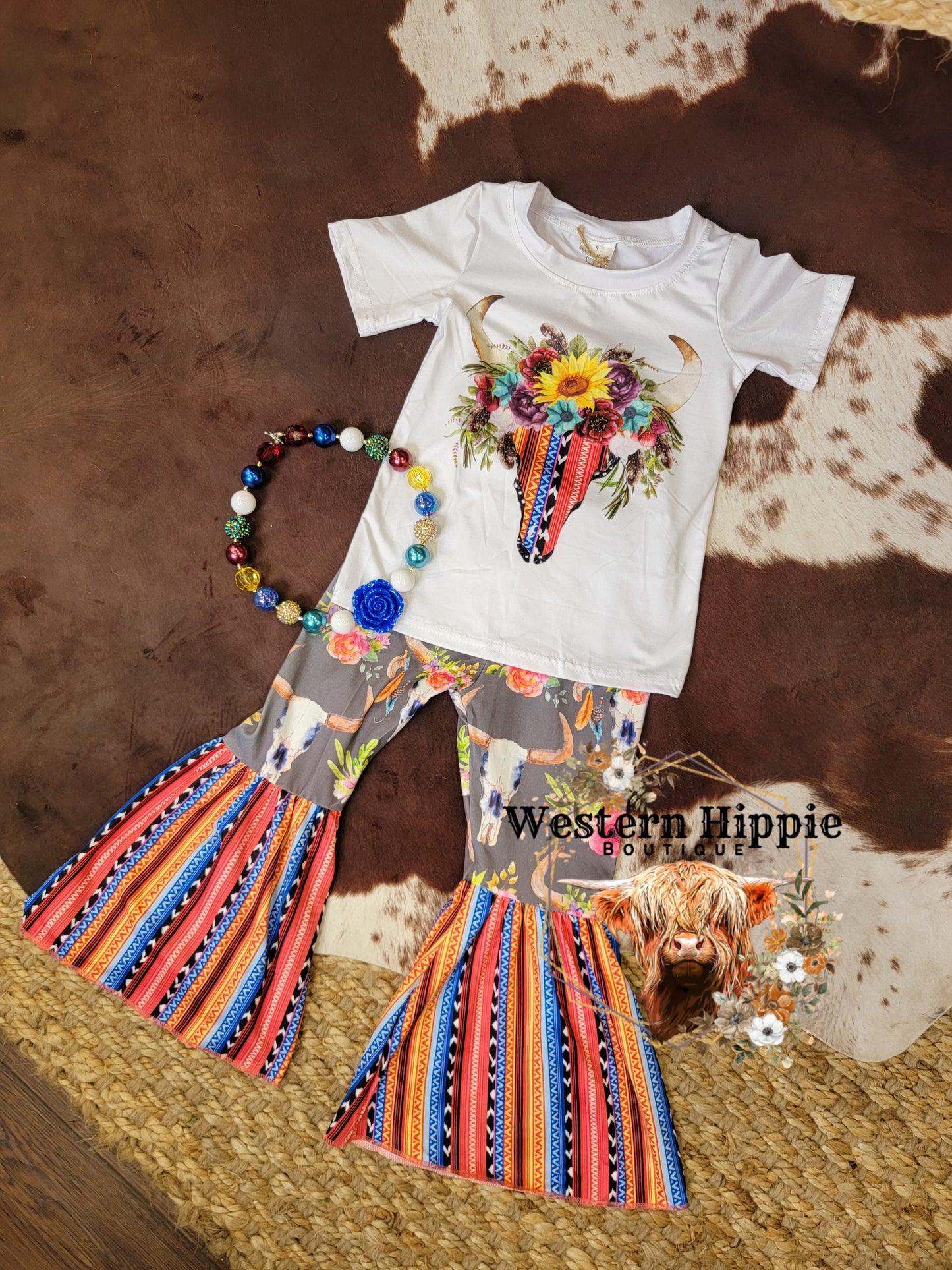 Floral cow skull bell bottoms set