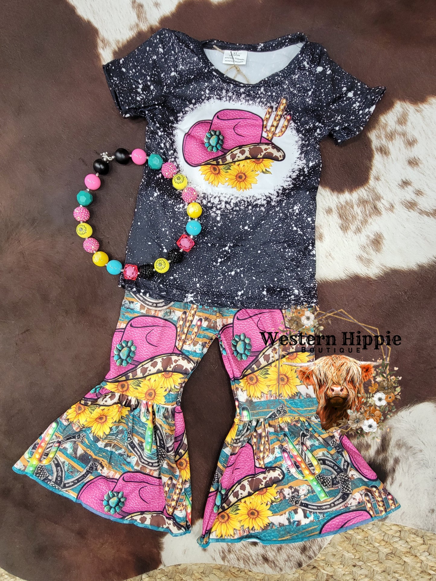 Pink cowgirl hat bell bottoms set