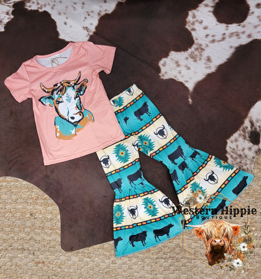 Pink and teal cow bell bottoms set