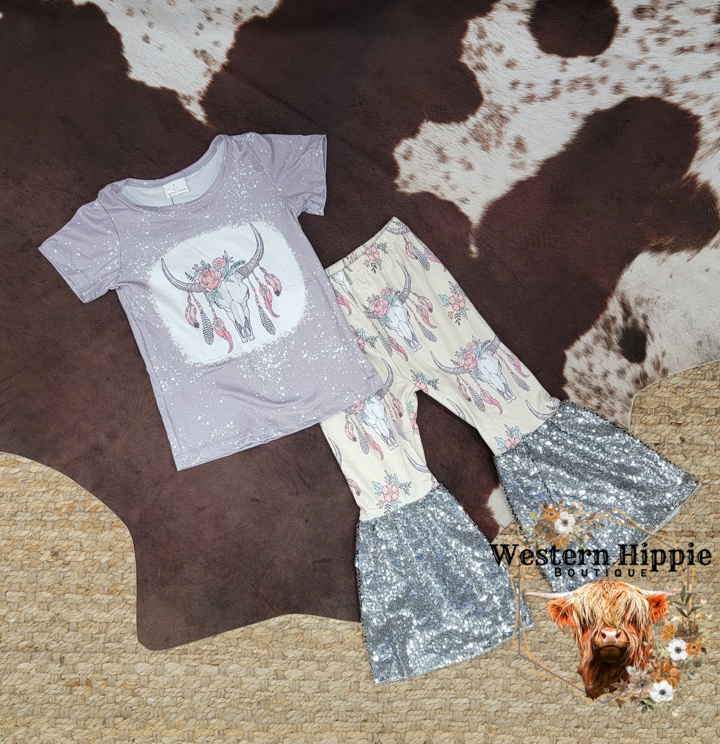 Sequin cow skull bell bottoms set