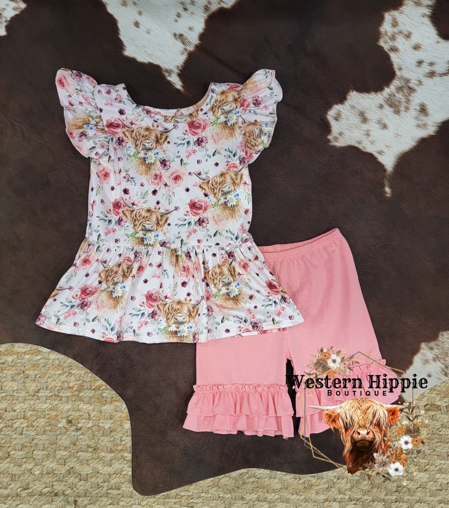 Pink highland ruffle shorts set