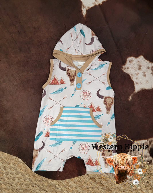 Skull and blue striped hooded romper