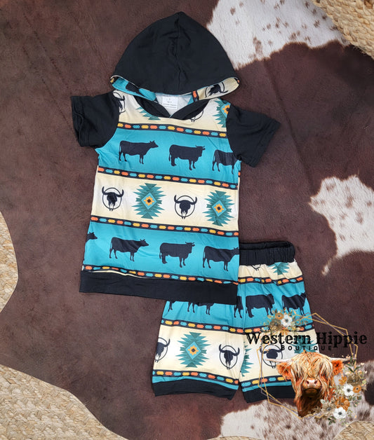 Teal cow hooded shorts set