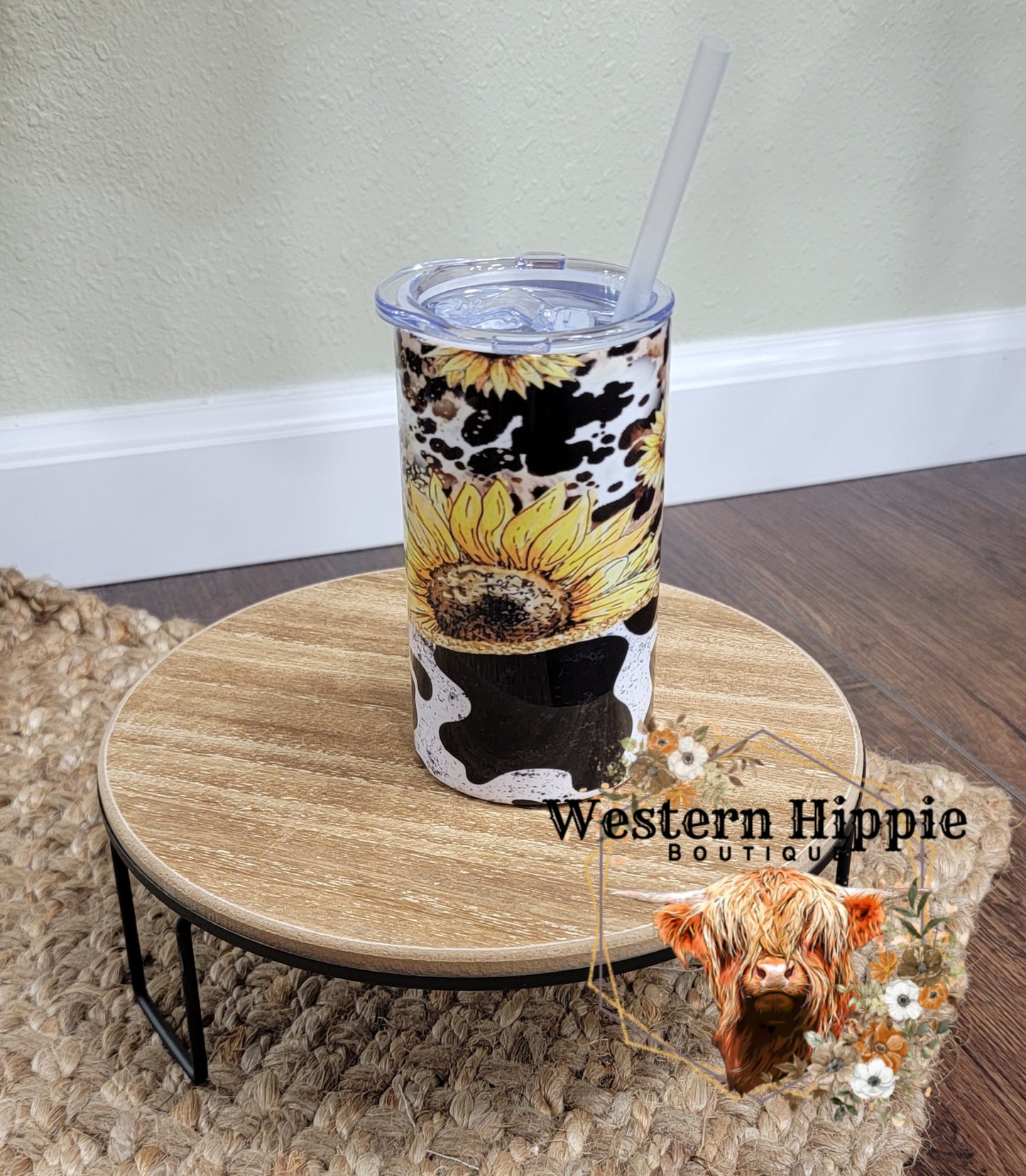 12oz cow print wth sunflowers tumbler