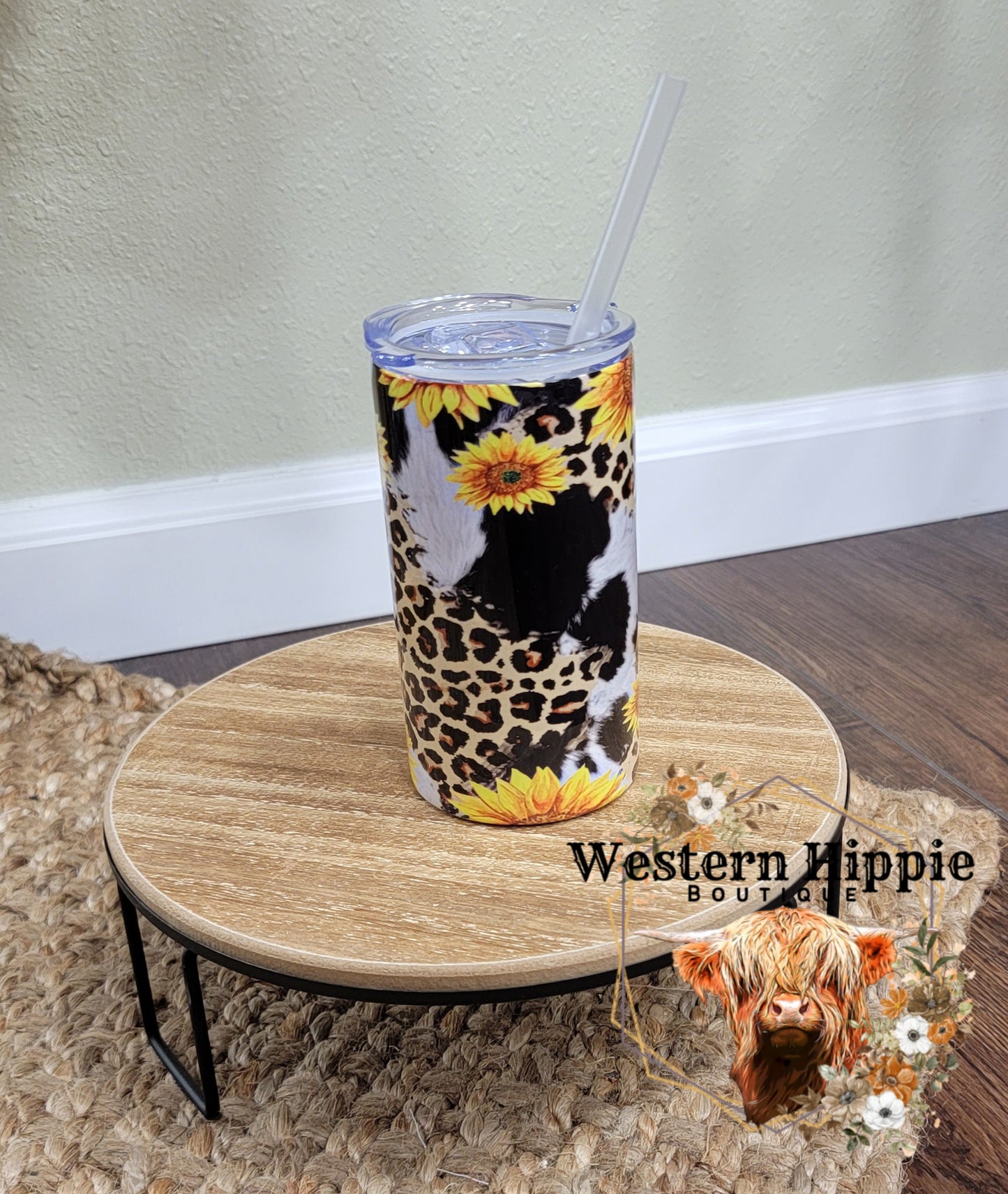 12oz cow and leopard print with sunflowers tumbler