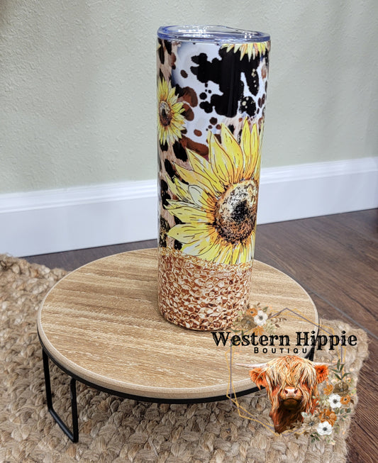 20oz gold cow print with sunflowers