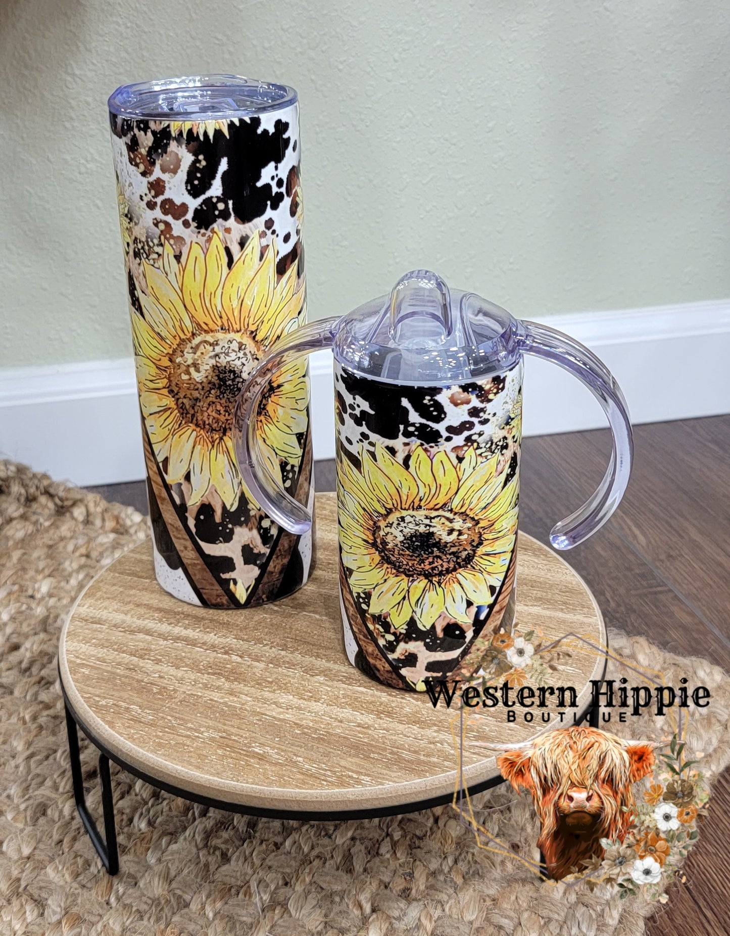 Cow and leopard print with sunflower V mama/mini tumbler set