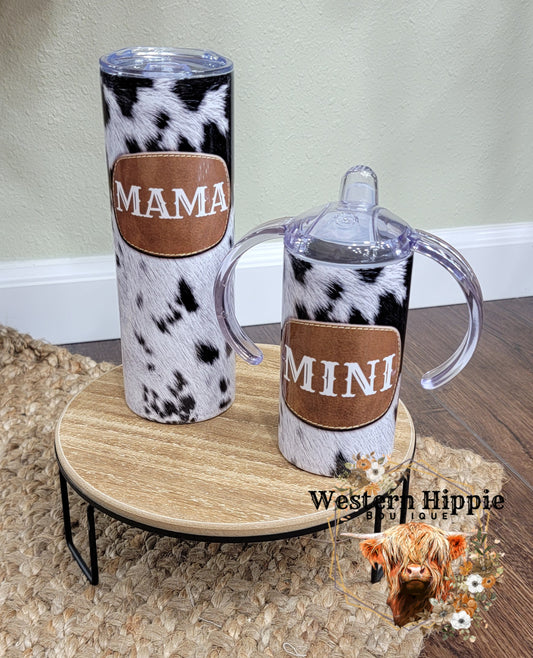 Cow print with leather patch mama/mini tumbler set